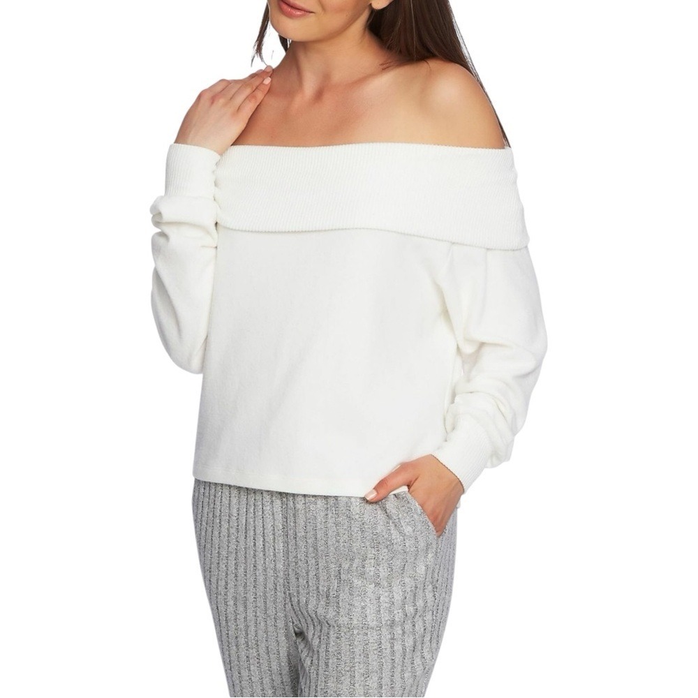 NWT 1. State Ecru/Off White Fold Over Off The Shoulder Sweater Size Large